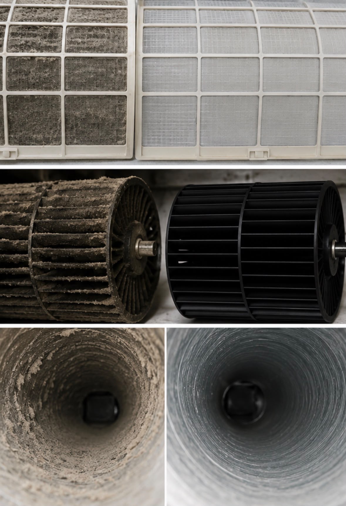 Filtre, turbine et gaine avant et après nettoyage