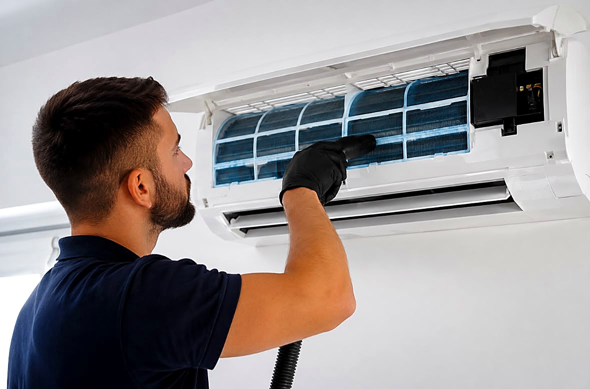 Technicien Avir Naki nettoyant un climatiseur mural